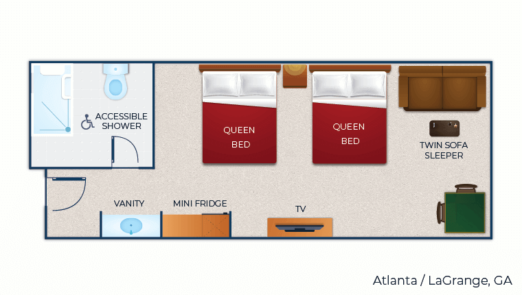 The floor plan for the accessible shower Deluxe Queen Suite
